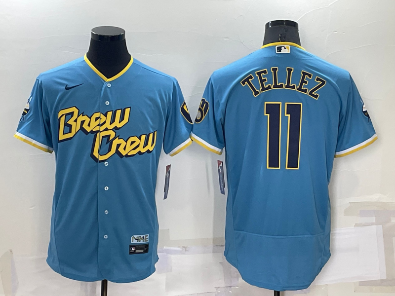 Men's Milwaukee Brewers #11 Rowdy Tellez 2022 Powder Blue City Connect Flex Base Stitched Jersey Men's Milwaukee Brewers #11 Rowdy Tellez 2022 Powder Blue City Connect Flex Base Stitched Jersey